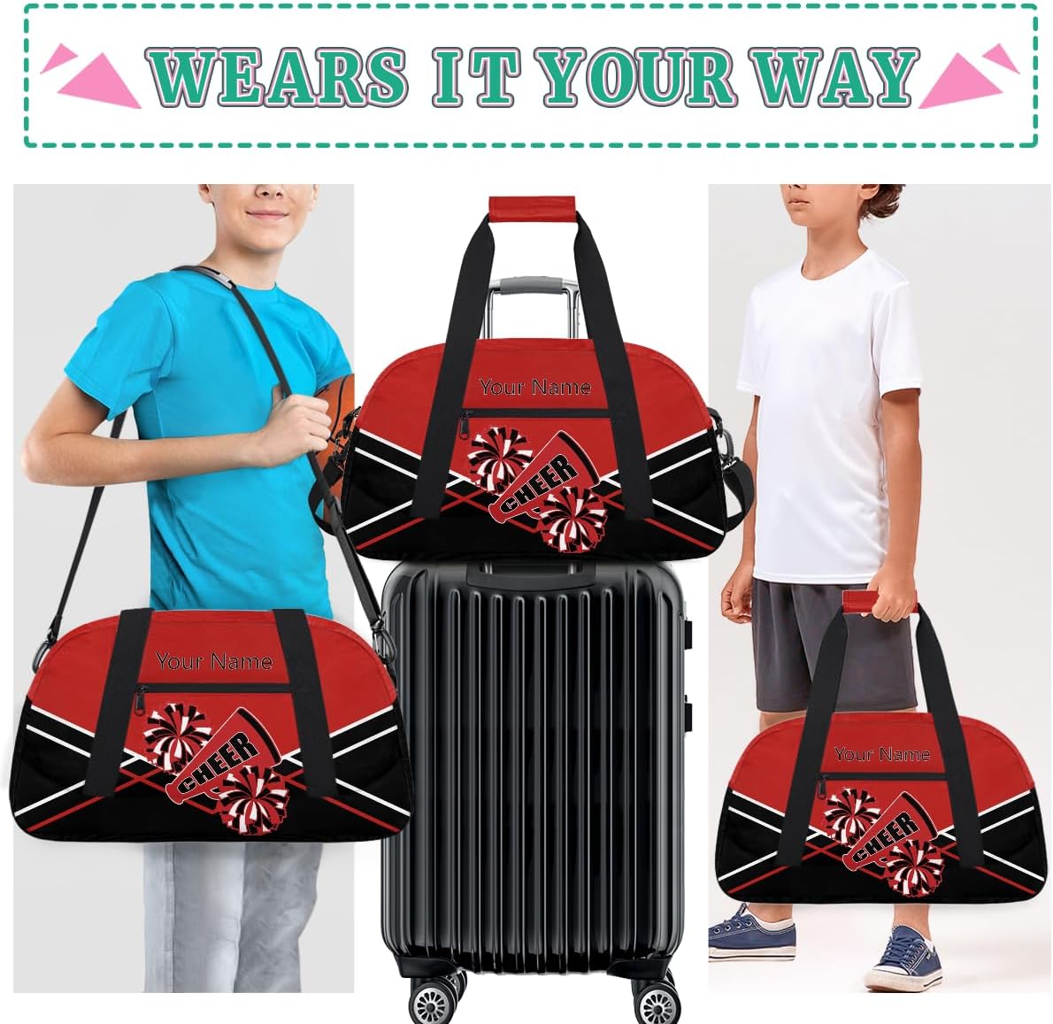 Cheer Bag Girl Personalized Sport Duffel Bag,Custom Kids Gym Bag,Travel Dance Bag with Name, Overnight Weekender Bags,Cheerleading Gifts Blue Black Red