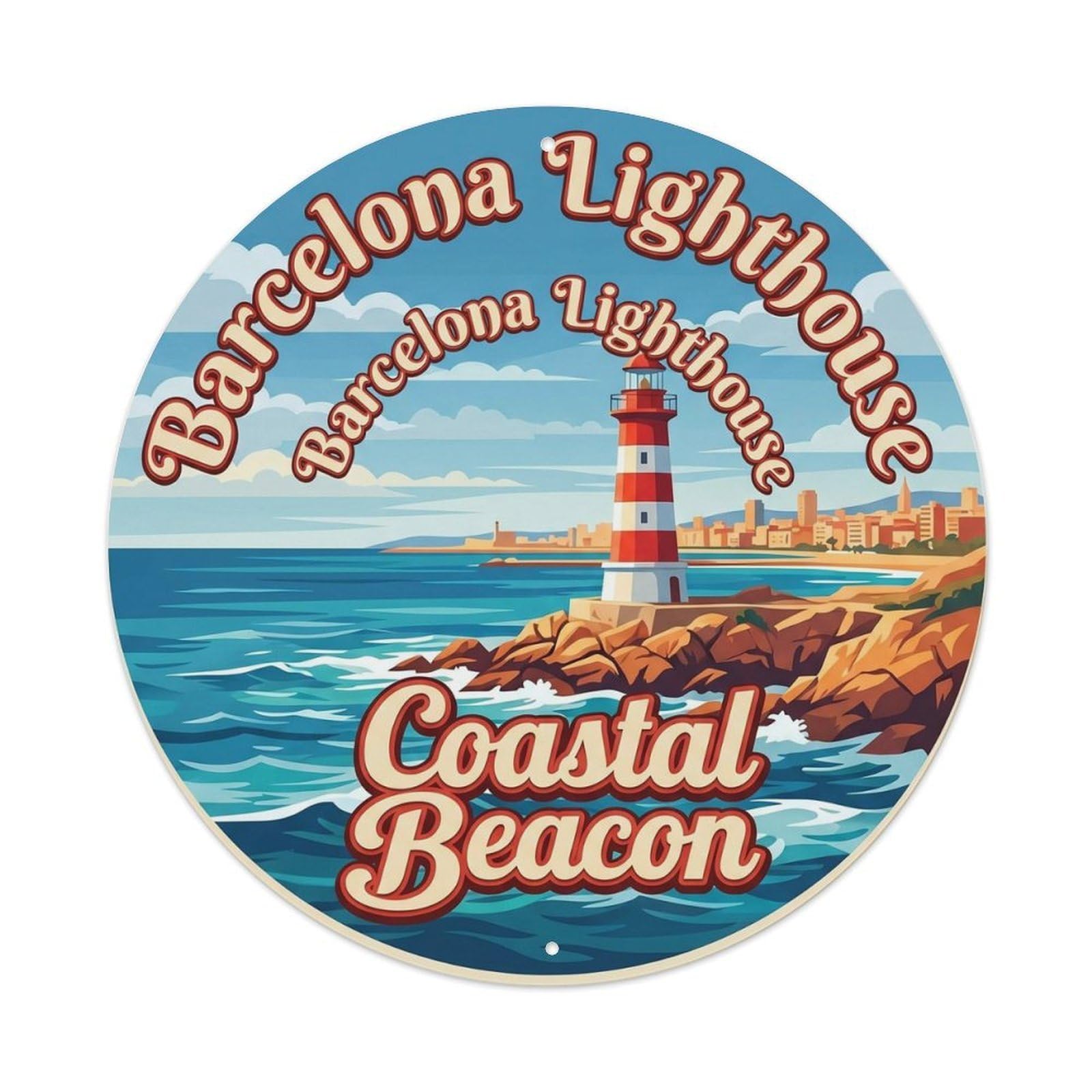 Spanish Barcelona Lighthouse Mediterranean Coast Classic Travel Metal Tin Sign Plaque Wall Decor for Cafe, Man Cave, Club Bar, Office, Home Garden Round Metal Poster 8x8Inch