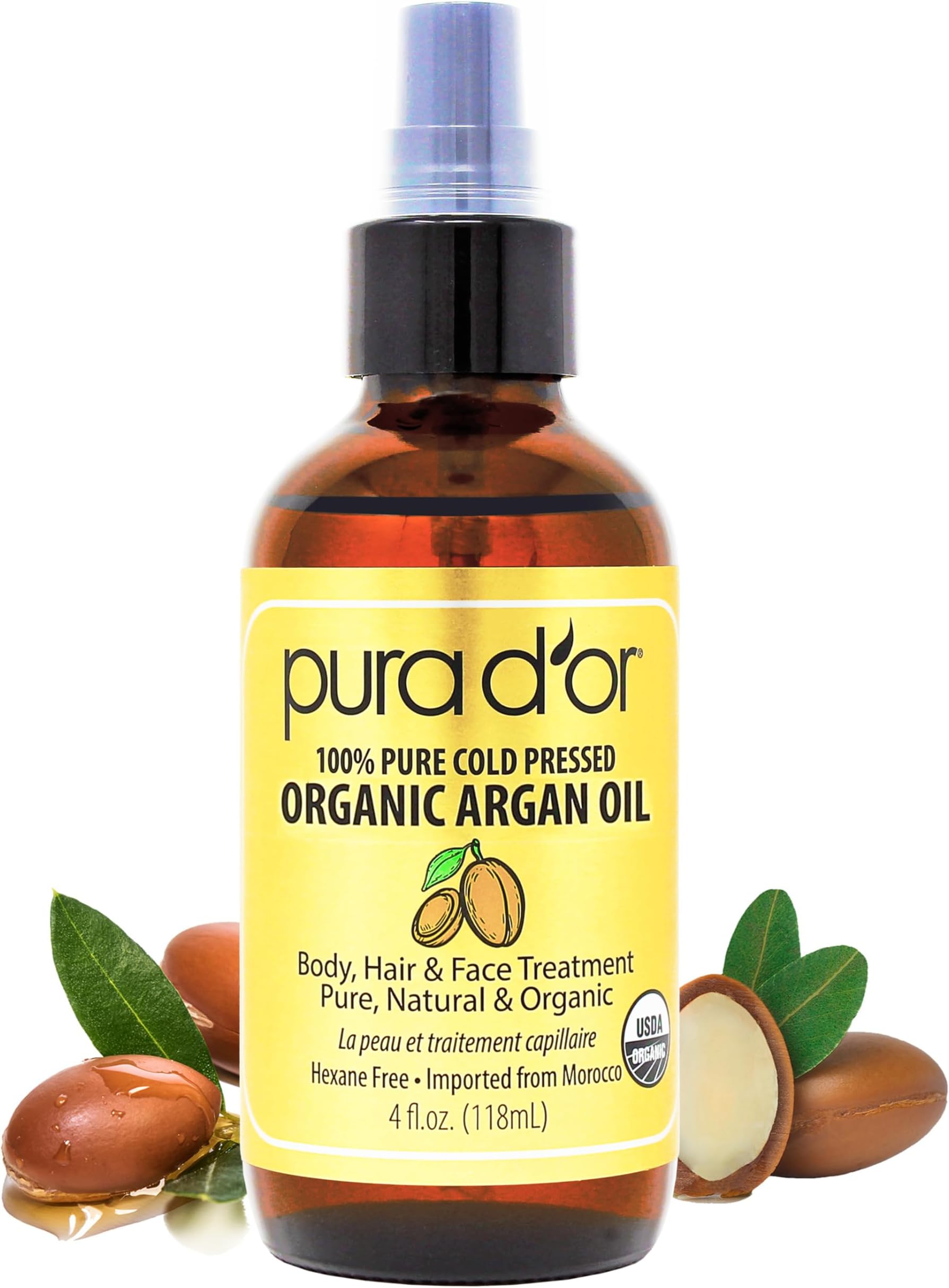 PURA D'OR Organic Moroccan Argan Oil 100% Pure Cold Pressed & USDA Organic Moisturizing Treatment for Face, Hair, Skin & Nails, 118 mL
