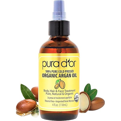 PURA D'OR 4 Oz Organic Moroccan Argan Oil – 100% Pure Cold-Pressed Virgin Grade – Lightweight Moisturizer for Skin, Face, Body & Hair – Helps Dry Skin, Scalp Care, Split Ends, Nails & Cuticles