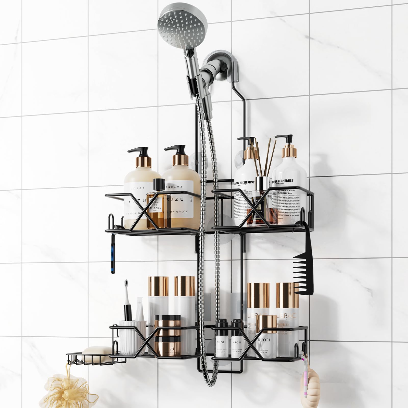 Aeocidy Adjustable Height Shower Caddy Hanging for Handheld Shower Heads Shower Racks with Soap Holder 8 Hooks No-Drilling