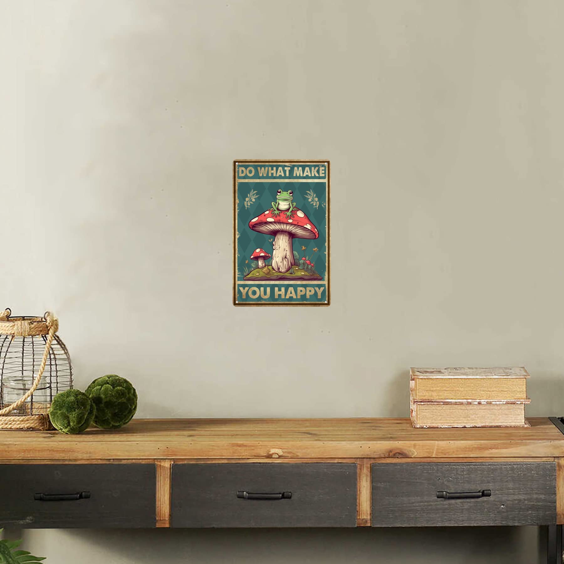 Targa In Metallo Vintage EMOHAT 20x30 Cm Con Fungo E Rana - Do What Makes You Happy - Decorazione Parete Retrò - 3