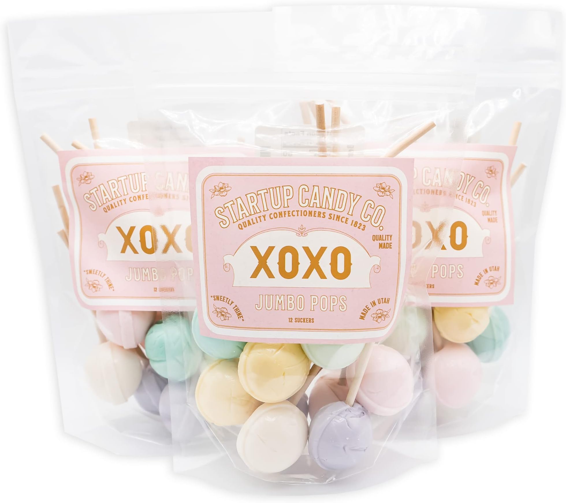 Startup Candy Co. XOXO Jumbo Lollipops - 3 Bags of 12 Old Fashioned Suckers - Bubblegum, Lemon Chiffon, Minty Mallow, Blue Crush, Berry Sherbet & Marshmallow Flavors - Variety Pack
