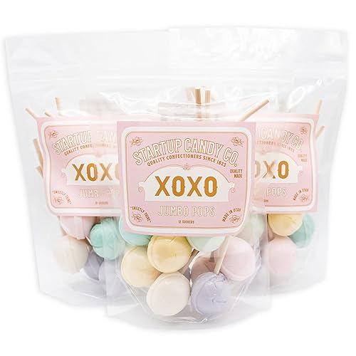 Startup Candy XOXO - Paquete variado de 6 sabores  Paletas jumbo antiguas  Chicle de goma, gasa de limón, malva menta, azul aplastamiento, sorbete