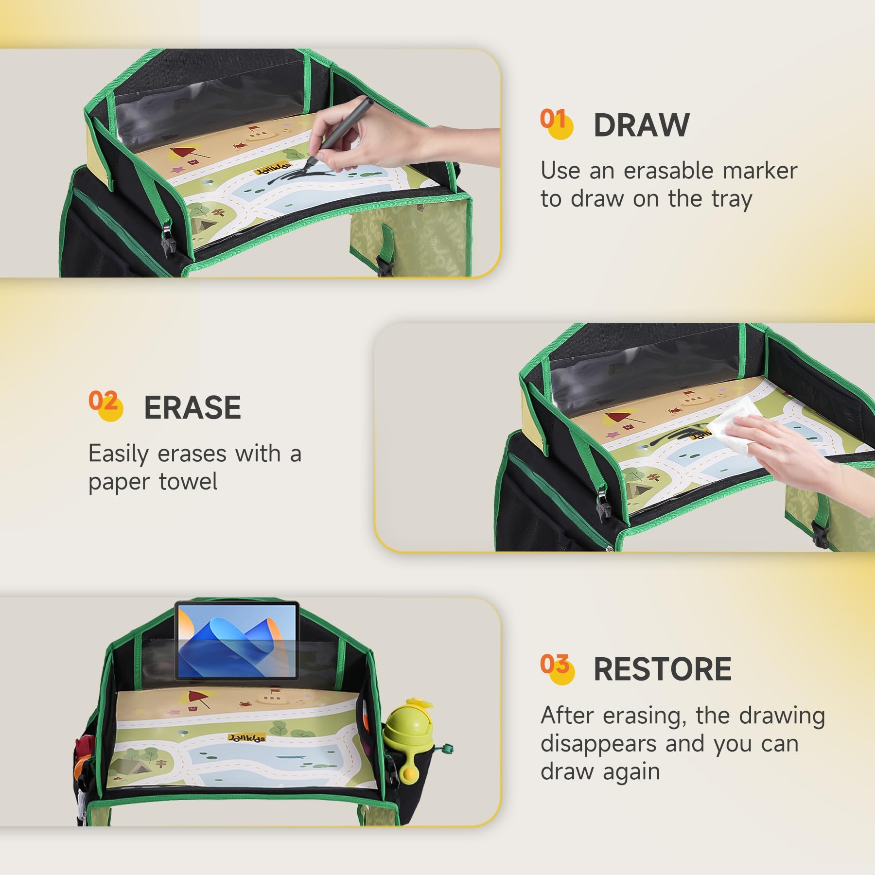 Jovikids Plateau Voiture de Voyage Enfants, Tableau Effacable pour Éduquer, Dessiner, Sack, Table Jeux pour Long Trajet Voiture, Avion (Vert)