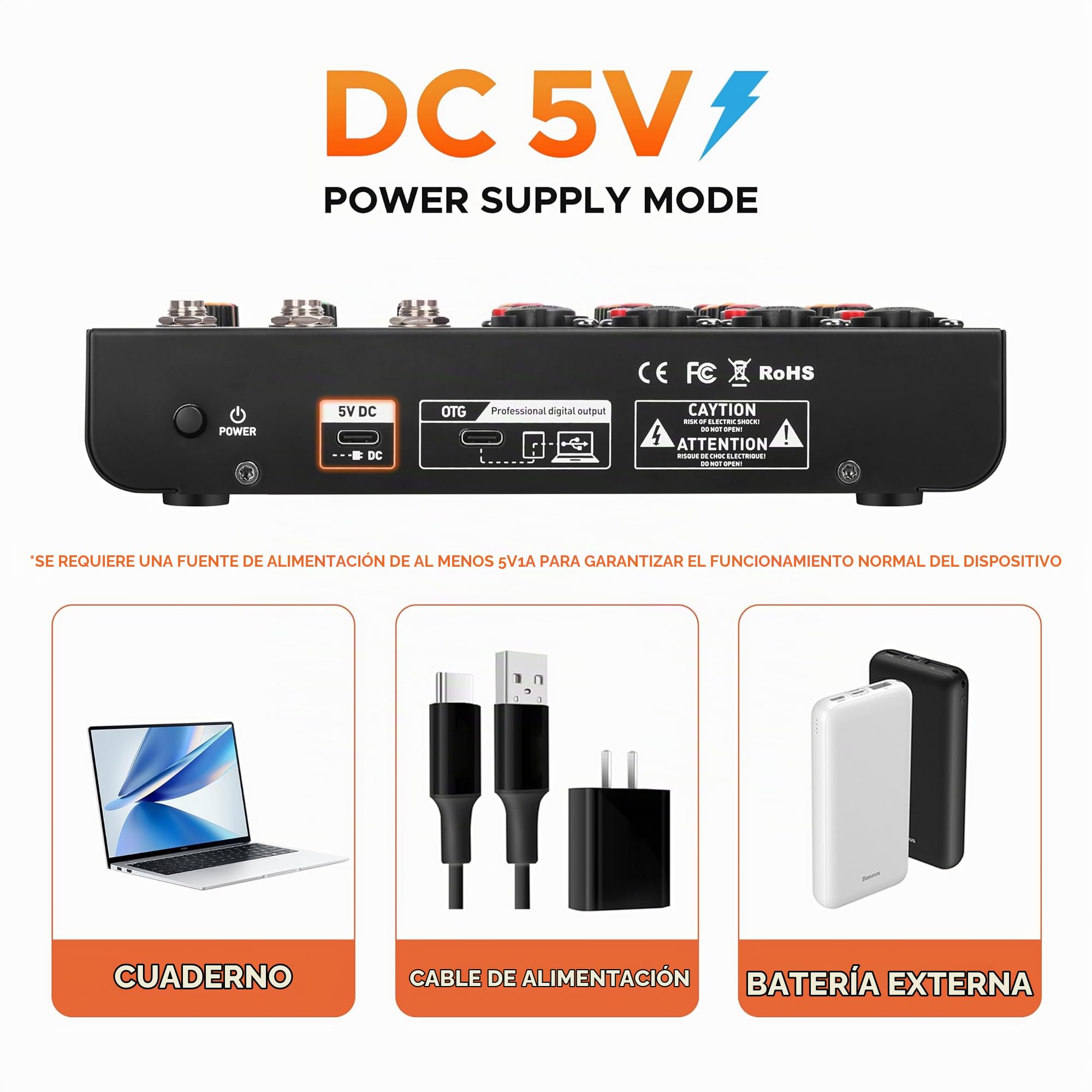 Mini6 Mezclador de Audio Profesional para DJ – 6 Canales, Interfaz USB, Bluetooth y Phantom Power 48V – Ideal para Streaming, Podcast y Eventos en Vivo
