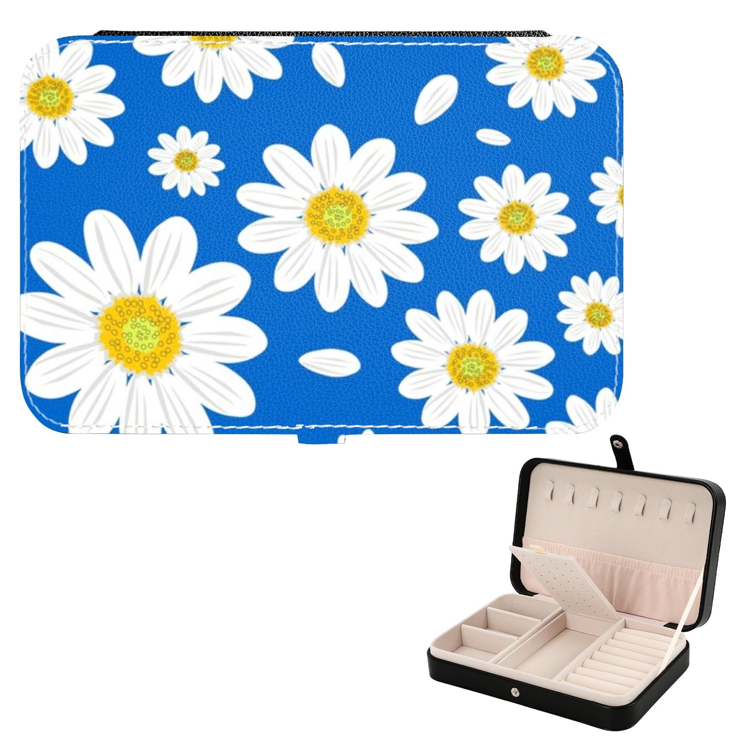 Girl Jewelry Box Wild Chamomile Flowers Fresh Blue Pu Leather Leather Gifts for Her Travel Case for Jewelry