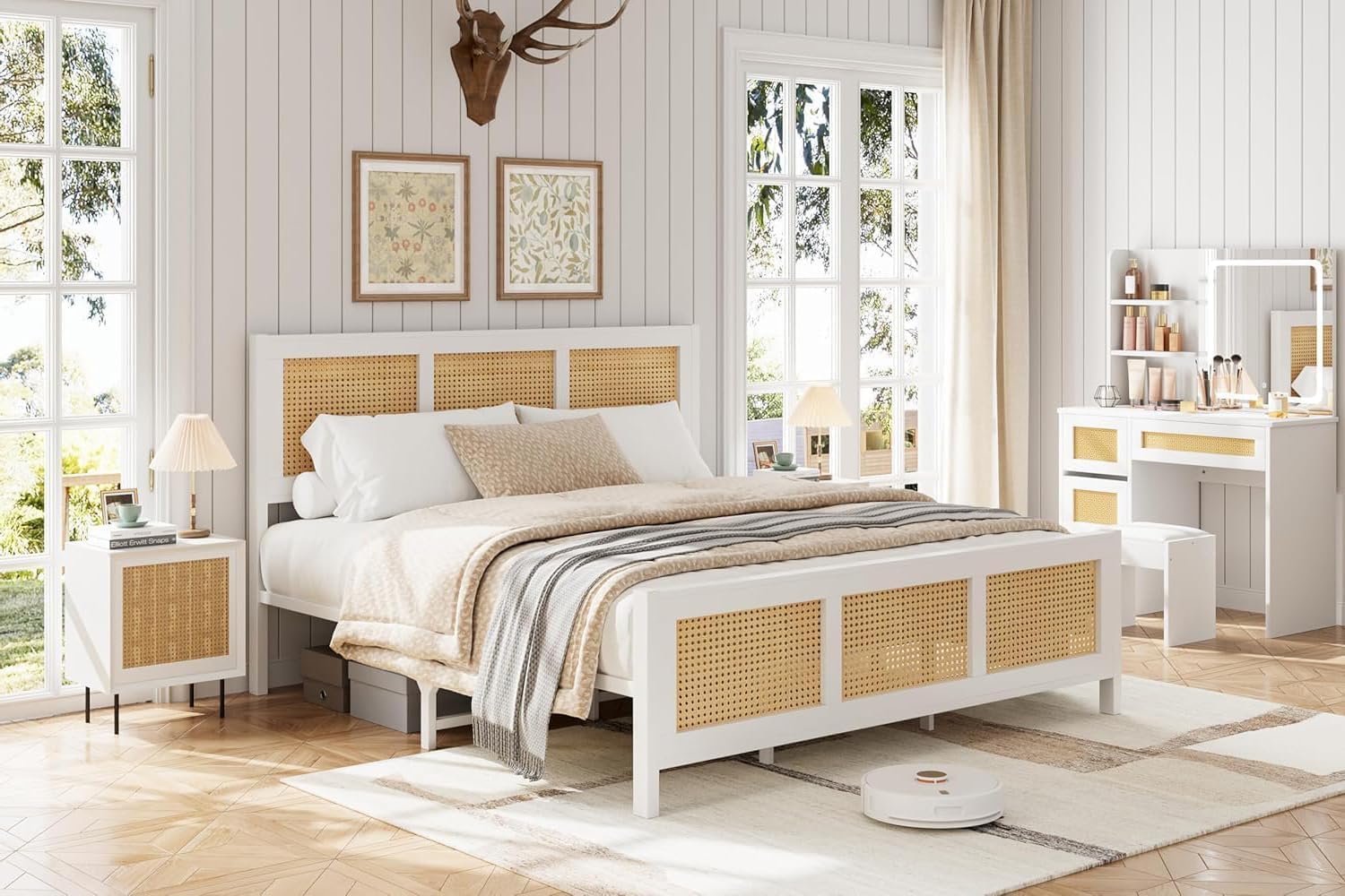 Rattan Bed Frame with Headboard, King Size Bed Frame with Strong Metal Slats Support, Noise-Free Design, No Box Spring Needed, White