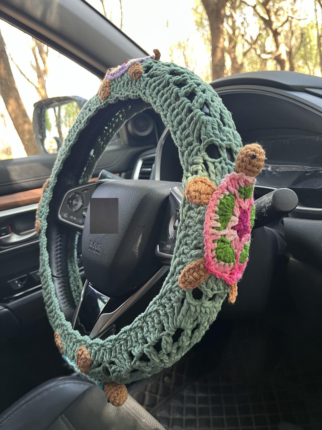 Crochet 3D Sea Turtle Steering Wheel Cover and Seat Belt Cover (Sage Green Steering Wheel Cover)