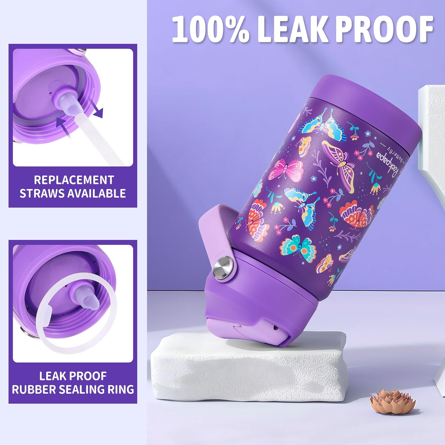 rockpapa 14 oz Kids Insulated Water Bottle,Stainless Steel Toddler Cups with Straws, BPA Free, Leak-Proof, Kids Water Bottle for School Boys& Girls (Purple Butterfly) - Image 4