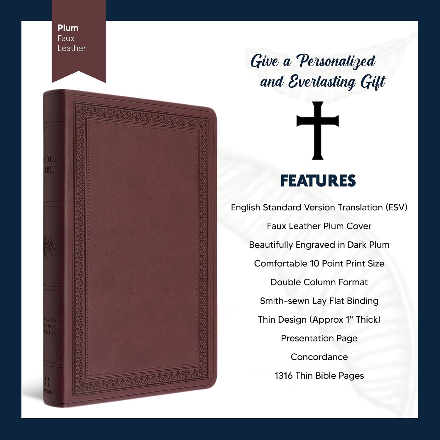 Personalized ESV Faux Leather Large Text Bible | Custom Full Cover Family Tree Wedding Theme Engraved in Dark Plum | English Standard Version Translation Holy Bible with Lay Flat Design | Purple Plum
