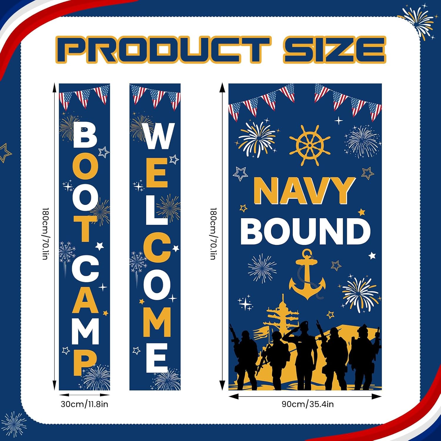 3Pcs Navy Bound Boot Camp Decorations, Blue Patriotic Sailor Welcome Porch Sign and Large Backdrop Banner Set, Welcome Boot Camp Fabric Sign for Enlistment Going Away Graduation Party