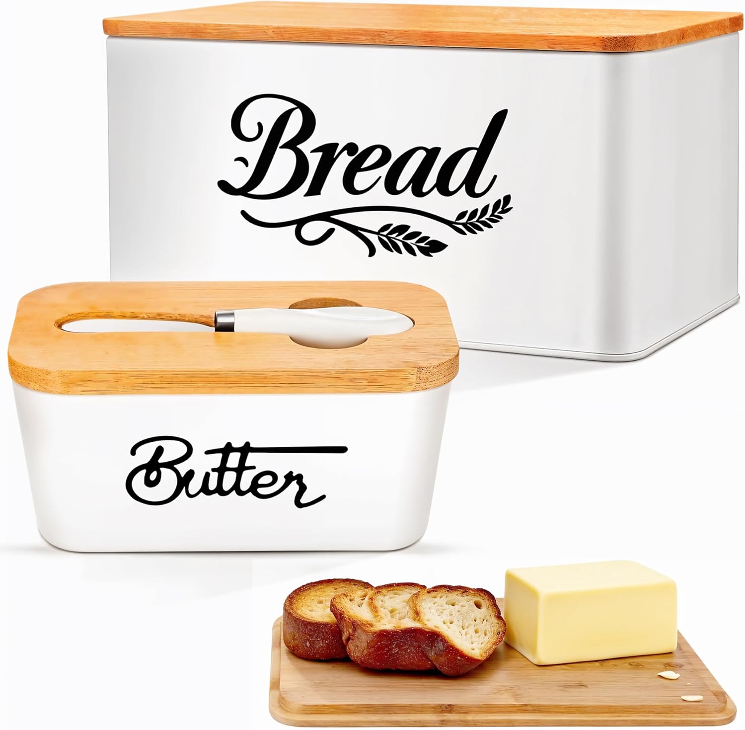 Bread Box for Kitchen Countertop, Bamboo Bread Bin with Cutting Board Lid, Ceramic Butter Dish with Lid & Knife, Bread Holder for Homemade Bread, Bread Storage, White Bread Box