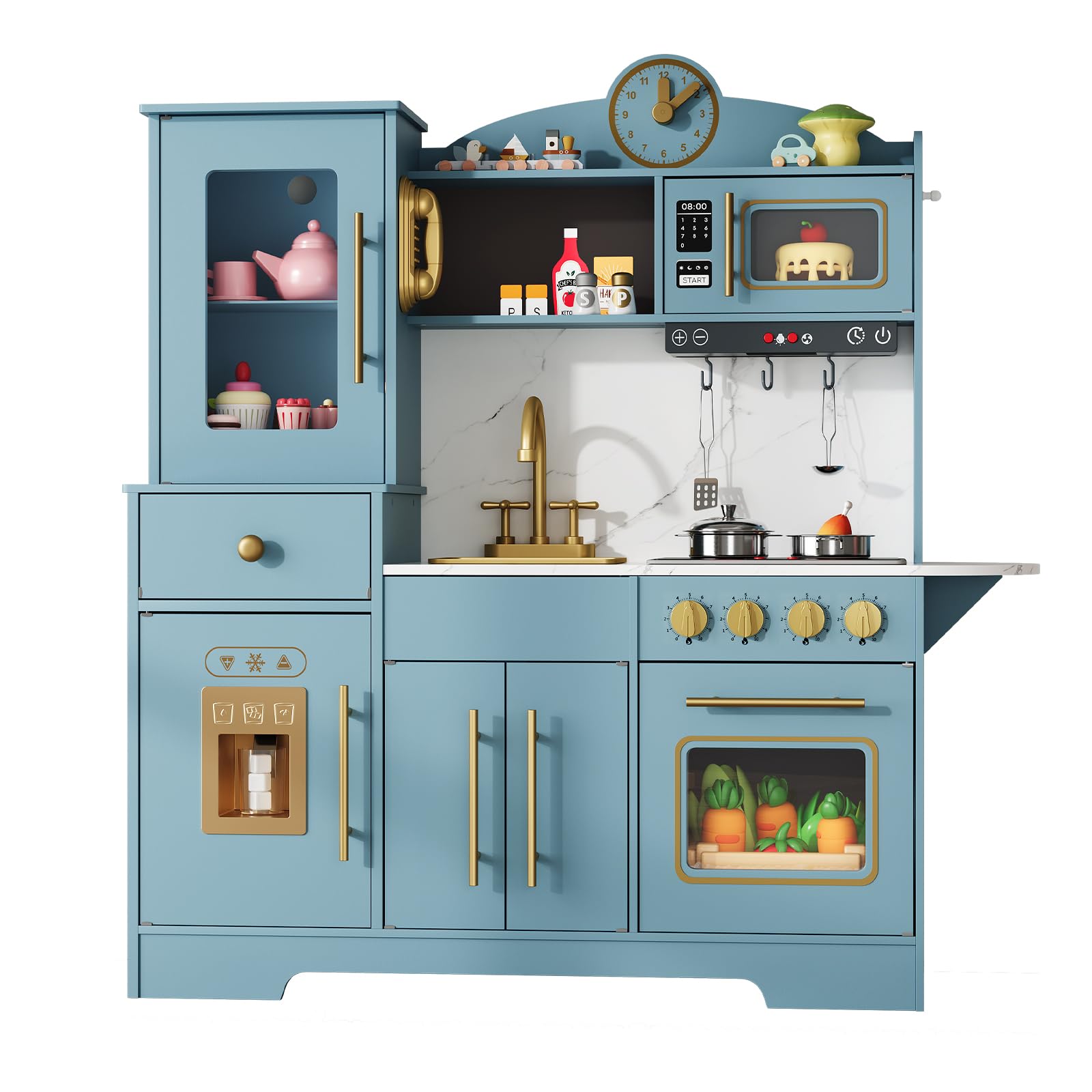 Cocina Juguete para Niños, Cocinita Infantil con Sonido Fogón Grifo Fregadero Microondas Reloj Máquina de Hielo y Accesorios de Cocina, Cocinita de Madera Infantil y 3 Años +, Educativo Imitación