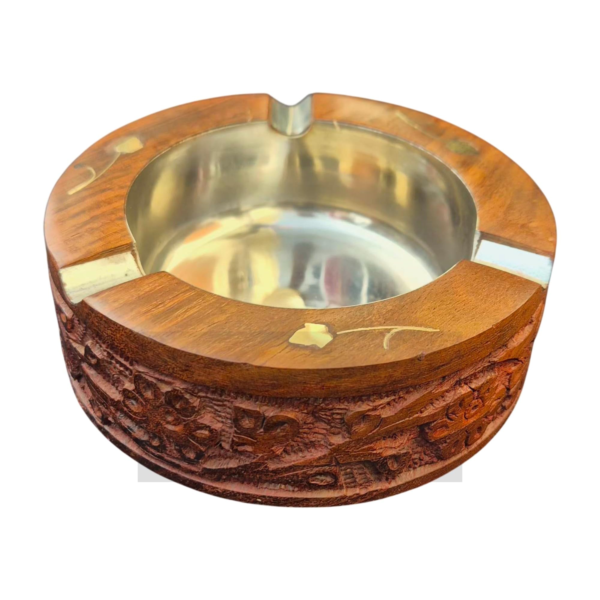Craftland Handmade Wooden Round And Carved Ashtray With Steel Lid For Home Bar Office Car Table And Gifts