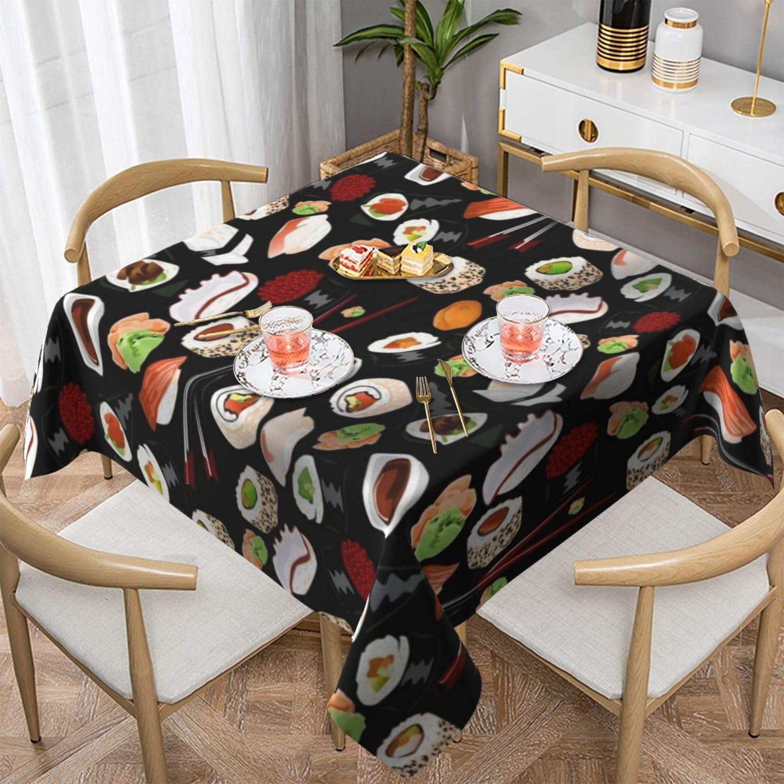 DCEHGEW Japanese Sushi Black Prints Square Tablecloth 137x137 CM, Waterproof Fabric Table Cloth for Dining Table, Farmhouse Table Cover for Kitchen Dining Tabletop Decoration
