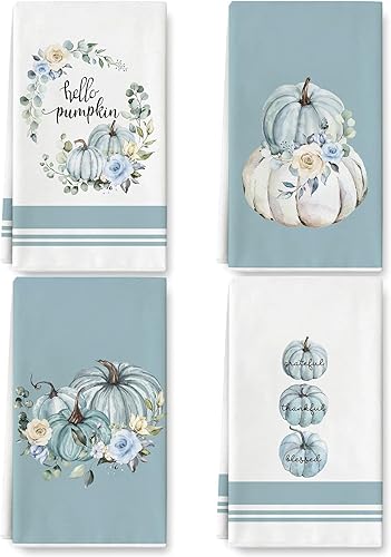 AnyDesign Toalla de cocina de otoño, color azul y blanco, de 18 x 28 pulgadas, acuarela, Hello Pumpkin floral, toalla rústica de secado de manos
