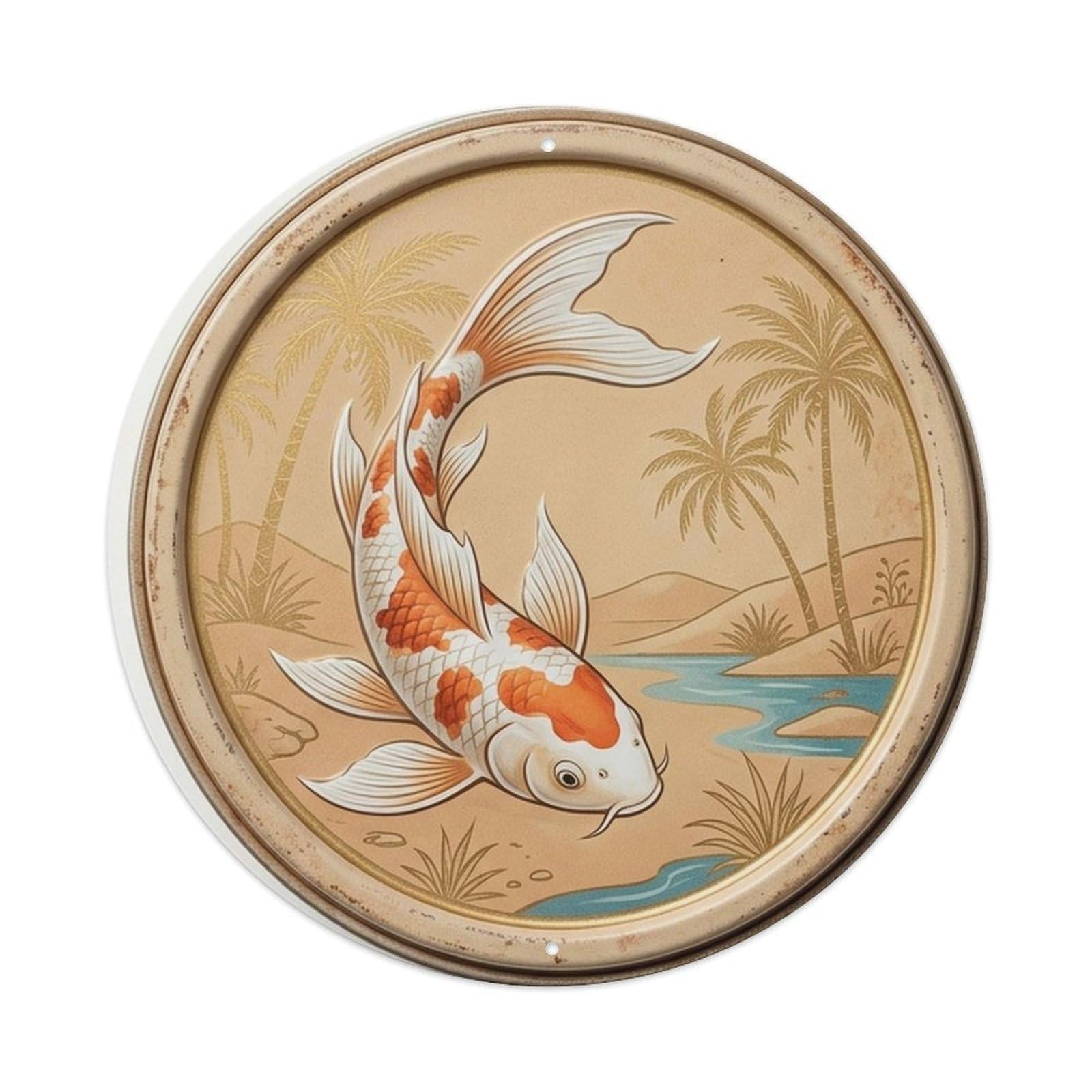 Oriental Koi Fish Sandstone Desert Oasis Japanese Garden Metal Tin Sign Plaque Wall Decor for Cafe, Man Cave, Club Bar, Office, Home Garden Round Metal Poster 8x8Inch
