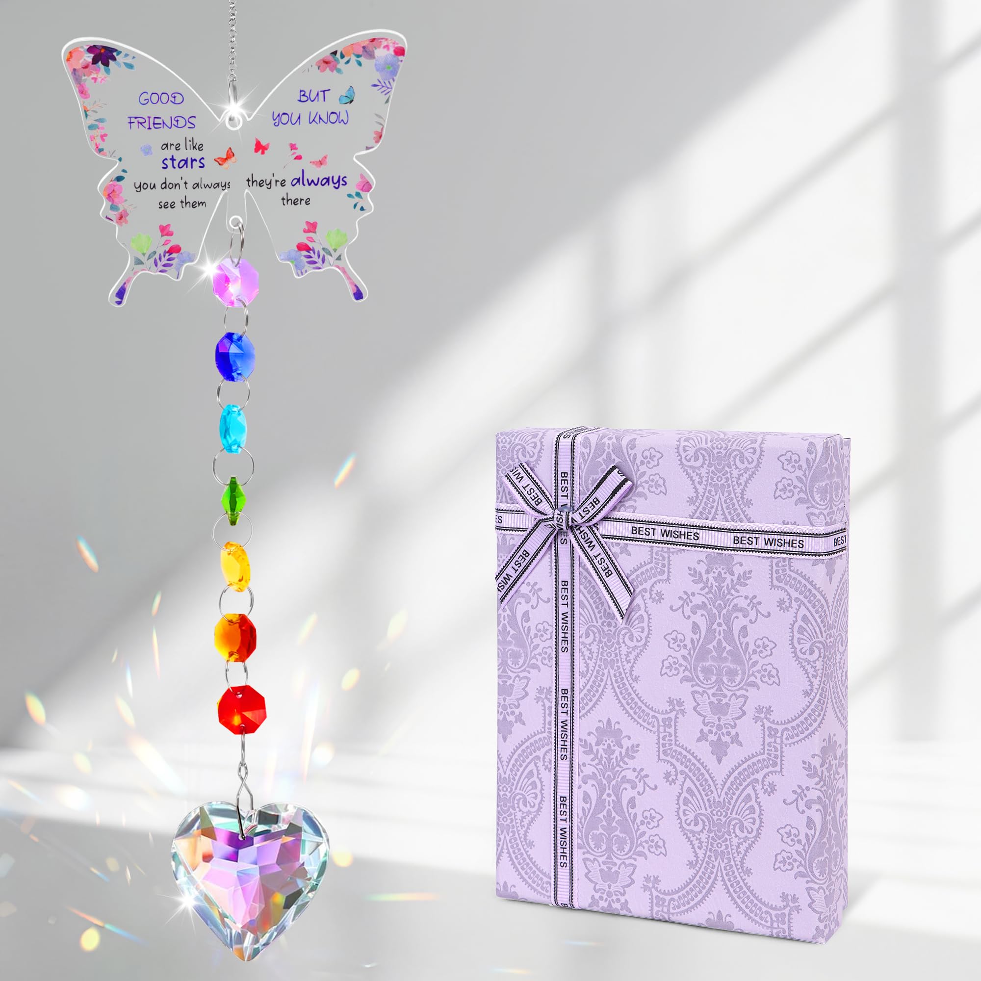 Wsetyy Friendship Gifts for Women, Crystal Butterfly Suncatcher for Best Friend, Birthday Present, Personalised Hanging Window Ornament for Home Decoration (Crystal Peach Heart)