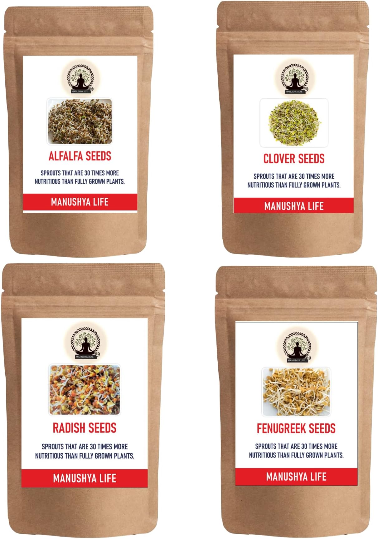 Manushya Life | Combo pack of Alfalfa, Clover, Fenugreek, Radish Seeds | Seeds for sprouting | Used in Satvic Lifestyle | Sprouting Seeds | 800 grams