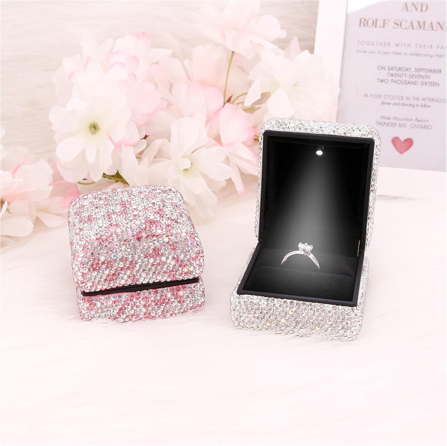 Naimo Rhinestone Square Ring Box with LED Light Luxury Ring Case Display Holder Jewelry Gift Box for Proposal Engagement Wedding Anniversary Valentines