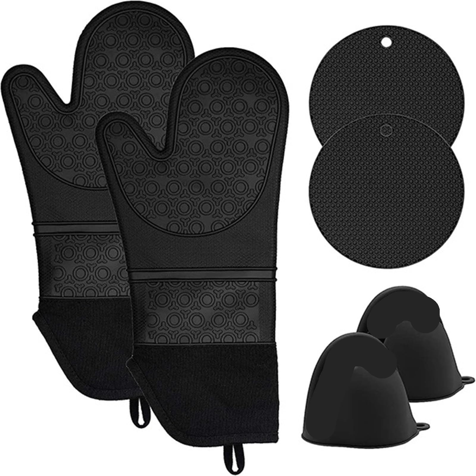 Professional Silicone Oven Mitts And Pot Holders 6Pcs Set Heat Resistant Long Kitchen Glove For Grilling Cooking Baking(Black)