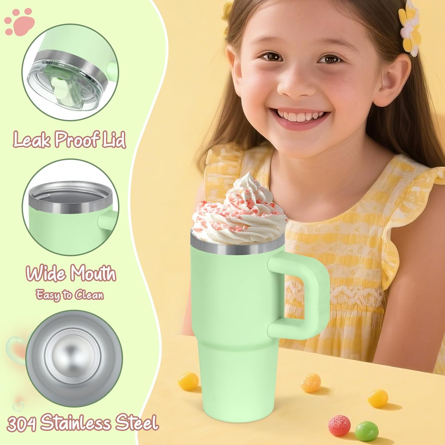 14 Oz Flip Straw Tumbler with Handle for Kids, Stainless Steel Double Wall Insulated Cup for Children with Flip Top Lid, 14 Oz Leak-proof Cups for Kids, Green - Image 3