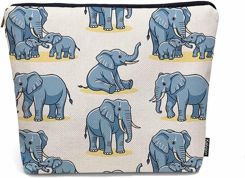 Necessaire Kalygon com estampa de elefante azul e zíper para maquiagem e viagem