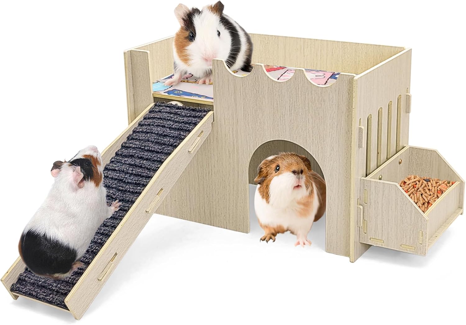 kathson Large Guinea Pig Hideout, Wooden Castle Small Animal House Sturdy 2-Layer Easy to Assemble Guinea Pig Habitat with Anti-Slip Mat Ramp & Food Bowl for Hamsters Bunny Hedgehogs Playing Hiding