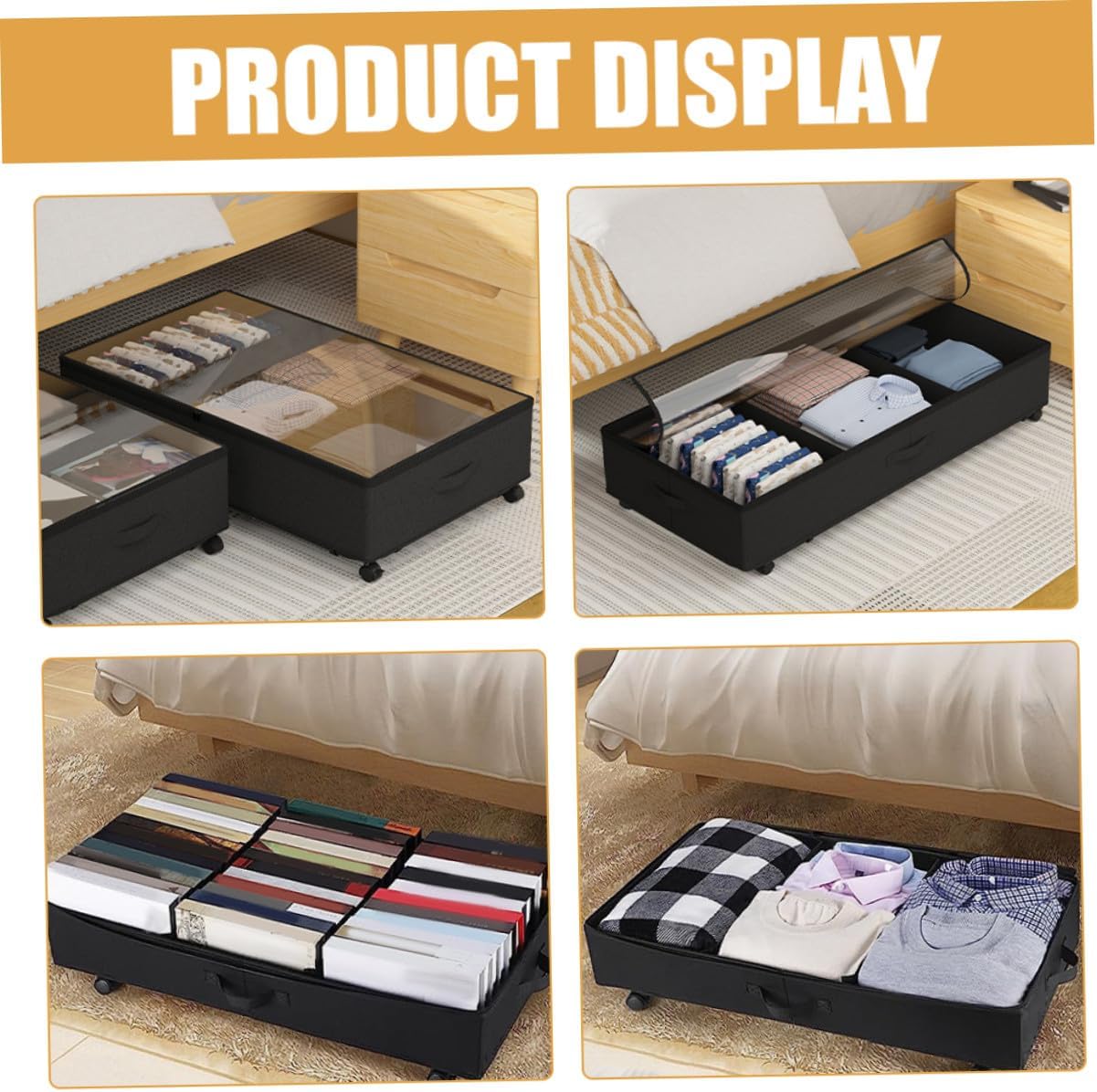 Cabilock -bed Storage Organizer with Wheels 3-compartment Oxford Fabric Clothes and Quilt Storage Bin Large Capacity Dustproof Rolling Box for Bedroom