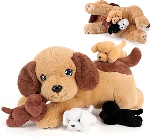 5 piezas de animales de peluche para perros con bebés dentro del vientre, 1 perro de peluche mamá con 4 cachorros de peluche, juguete de peluche