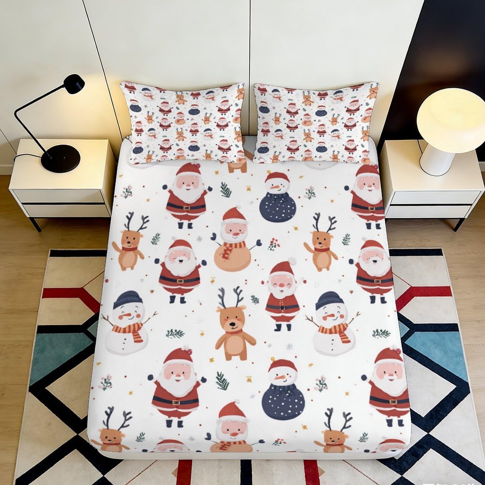 3D Printed Christmas Santa Fitted Sheet Microfiber Soft Snowman Reindeer Mattress Cover for Bedroom Dorm Bed Protection Decor 180x200x25cm