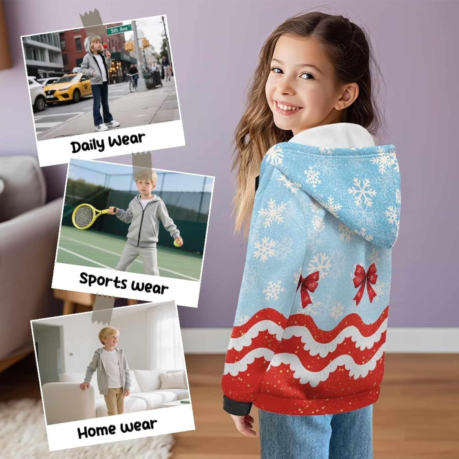 Girls Sweatshirt Zip Up Hoodie Christmas Fleece Hooded Jacket Long Sleeve Activewear Comfy Hoodie Sweatshirt