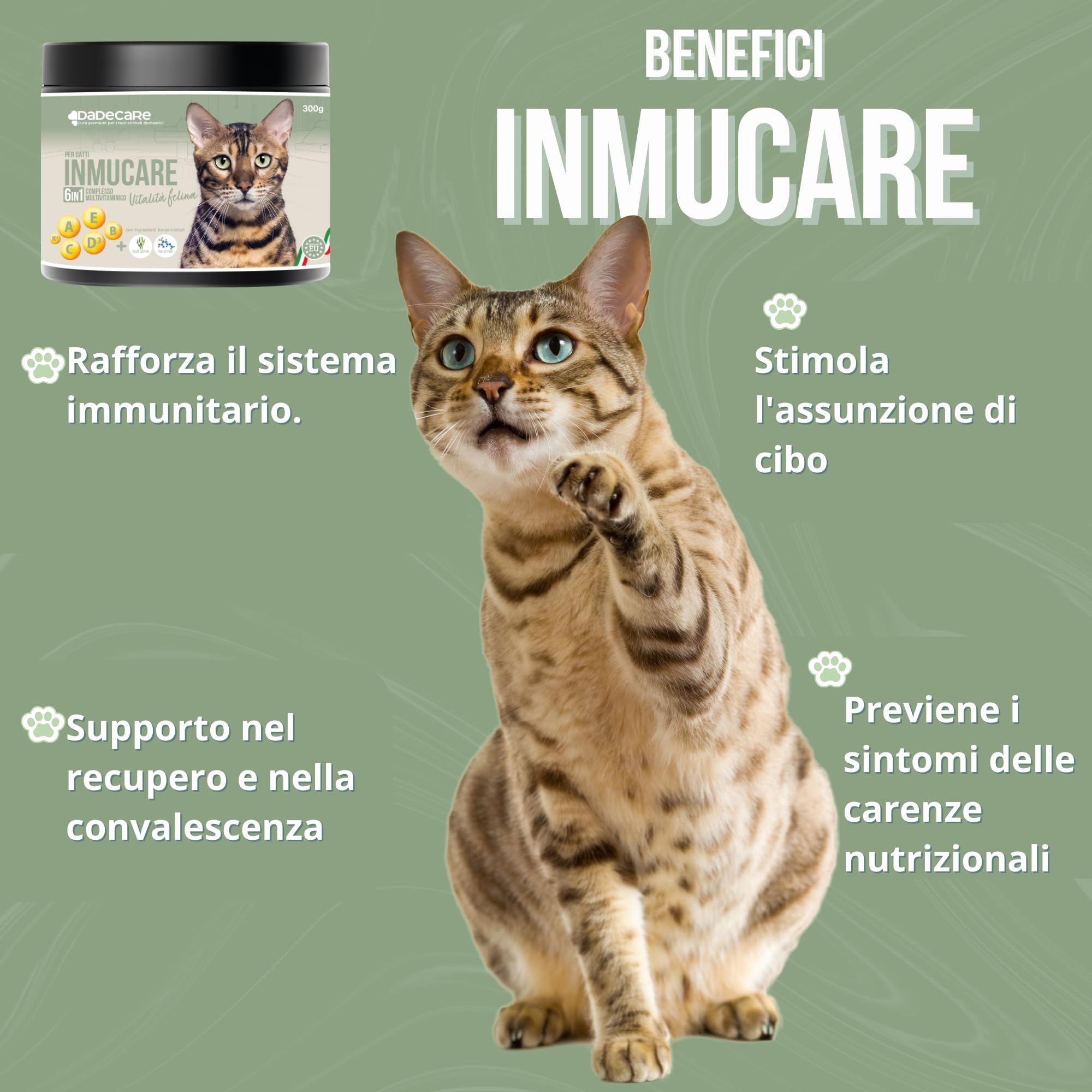 Inmucare Vitaminico Polvere Gatti 300 gr per stimolare l'appetito, sostenere il recupero in convalescenza e ridurre lo stress, aiuta nella perdita di appetito e fasi di debolezza