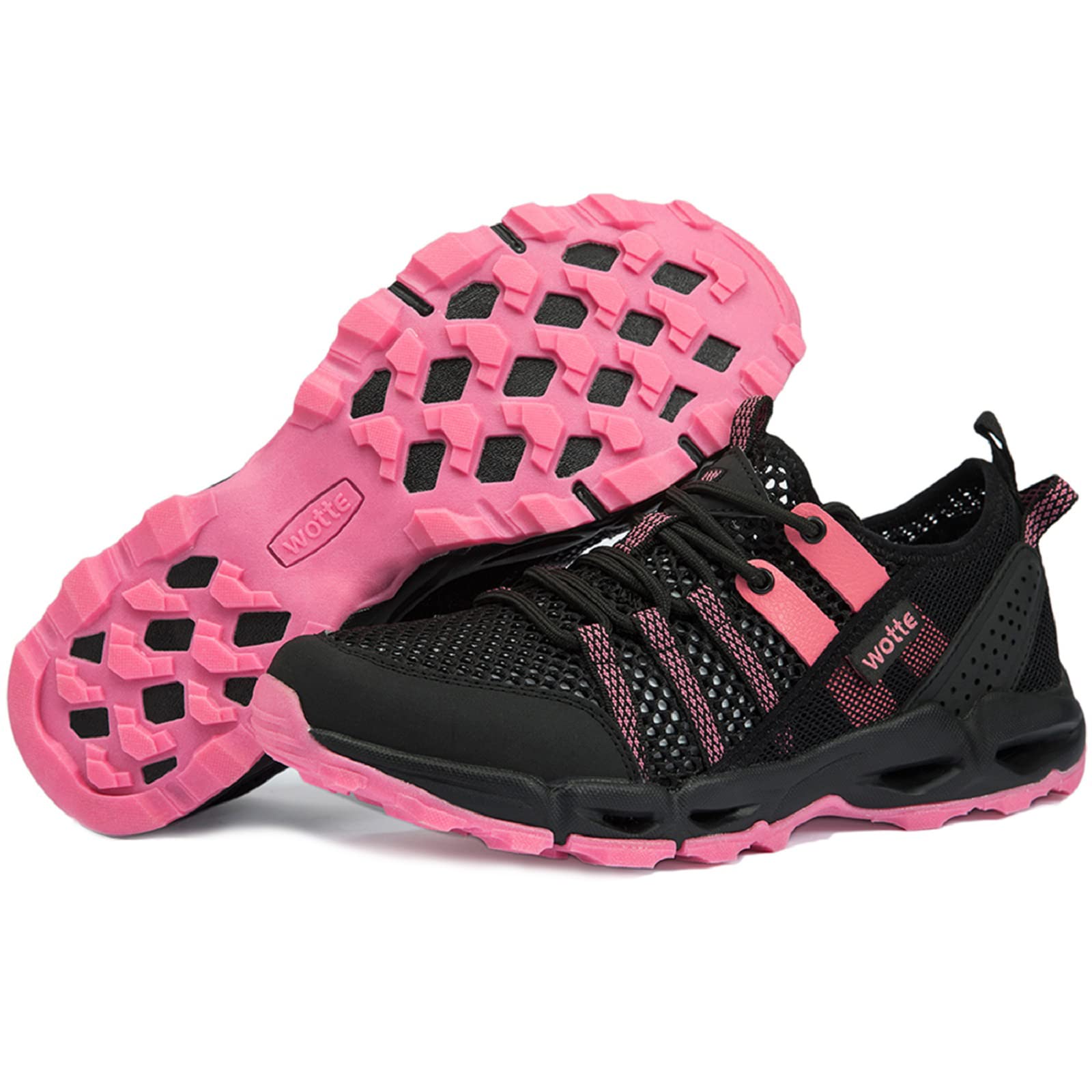 auzons Womens Hiking Water Shoes Light Travel Quick Dry Mesh Outdoor Non-Slip Sneakers Aqua Shoes Black Rose Size 9.5