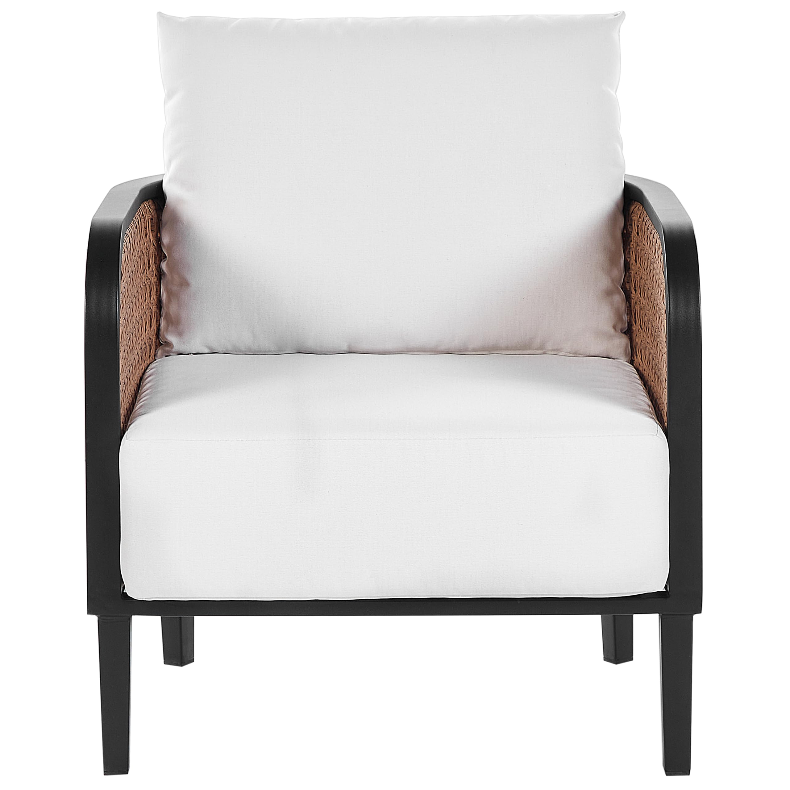 Beliani Sillón de jardín Exterior Metal de Aluminio con Cojines Gruesos Blanco Crema Impermeable Respaldo Trenza vienesa ratán sintético Montefalco