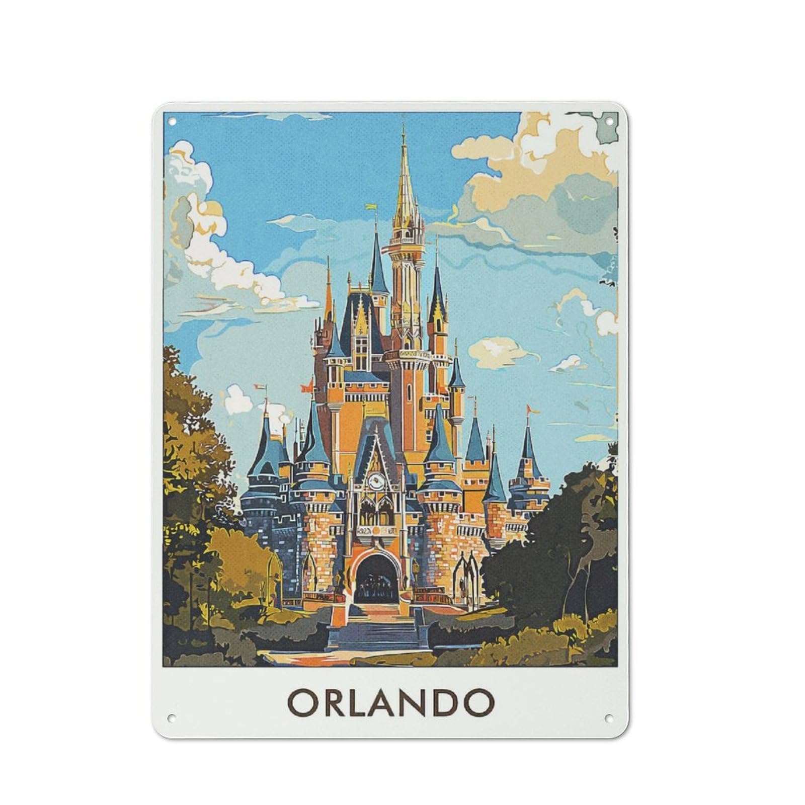 Junmoney Style-5 Orlando Castle Illustration Tin Sign 40X30cm, Vintage Home Bar Decor For Cafe, Pub, Workshop Or Home Bar, For Relaxed Wall Styling