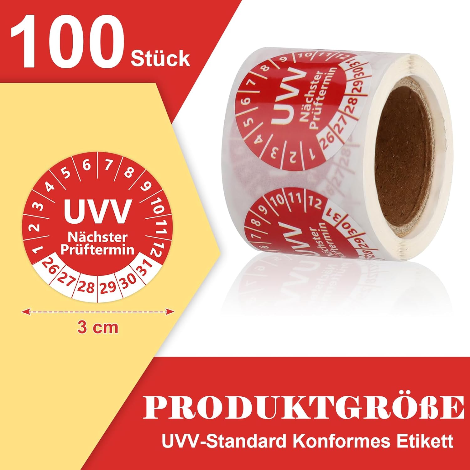 Test Badge UVV Next Test Date (100, Red, Diameter 30 mm)