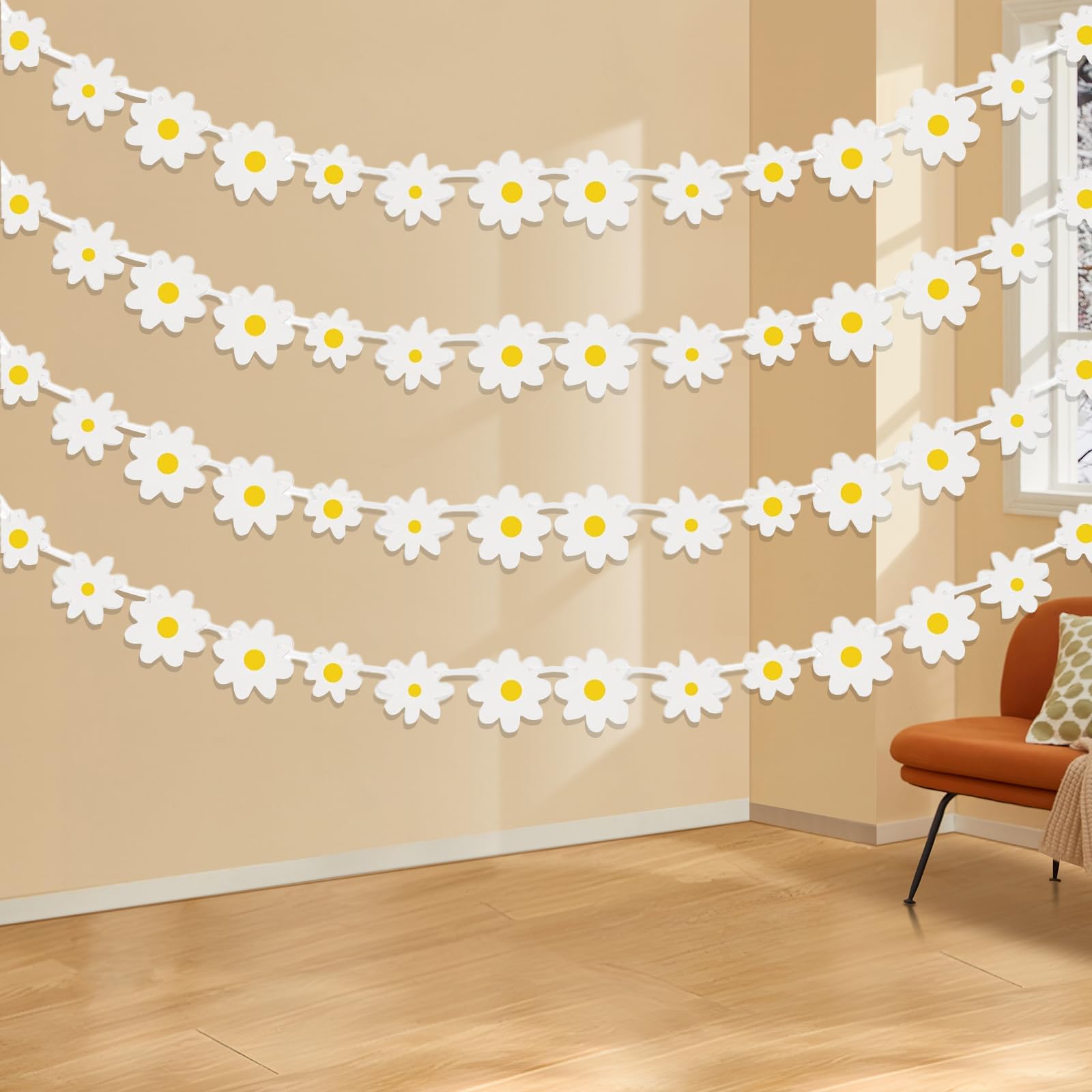 4 Pezzi Margherite Banner,Ghirlanda di Margherite Bianche Boho,Fiori Bianchi Striscione da Appendere,Striscioni Margherita,per Compleanno Nursery Party Home Decor(Bianco