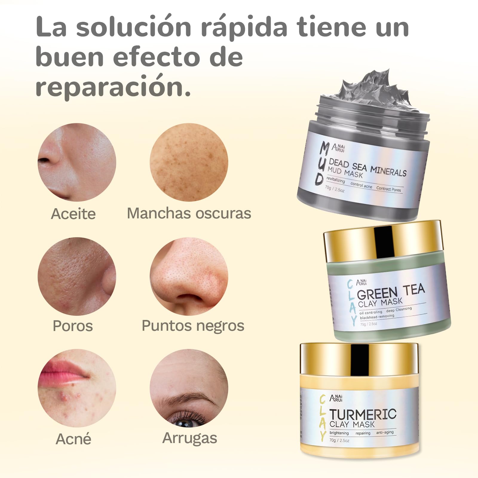 ANAiRUi Mascarillas Faciales de Cúrcuma + Mascarilla Arcilla Té Verde + Mascarilla de barro del Mar Muerto - Para limpieza facial profunda, hidratante e purificante, desintoxicante, 210g