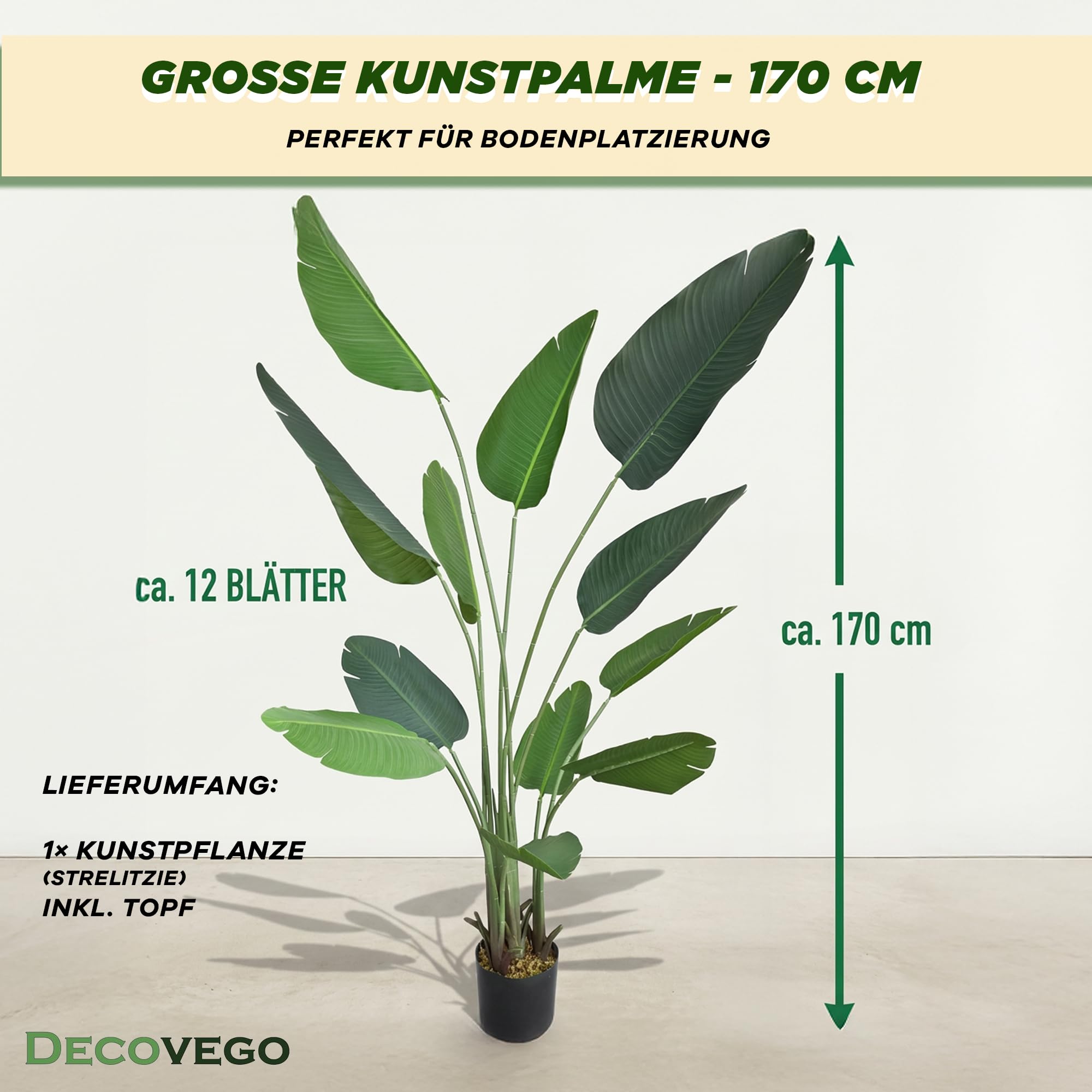 Decovego Künstliche Strelitzie 170 cm, Paradiesvogelblume Kunstpflanze im Topf, Pflegeleichte Zimmerpflanze für Innenräume