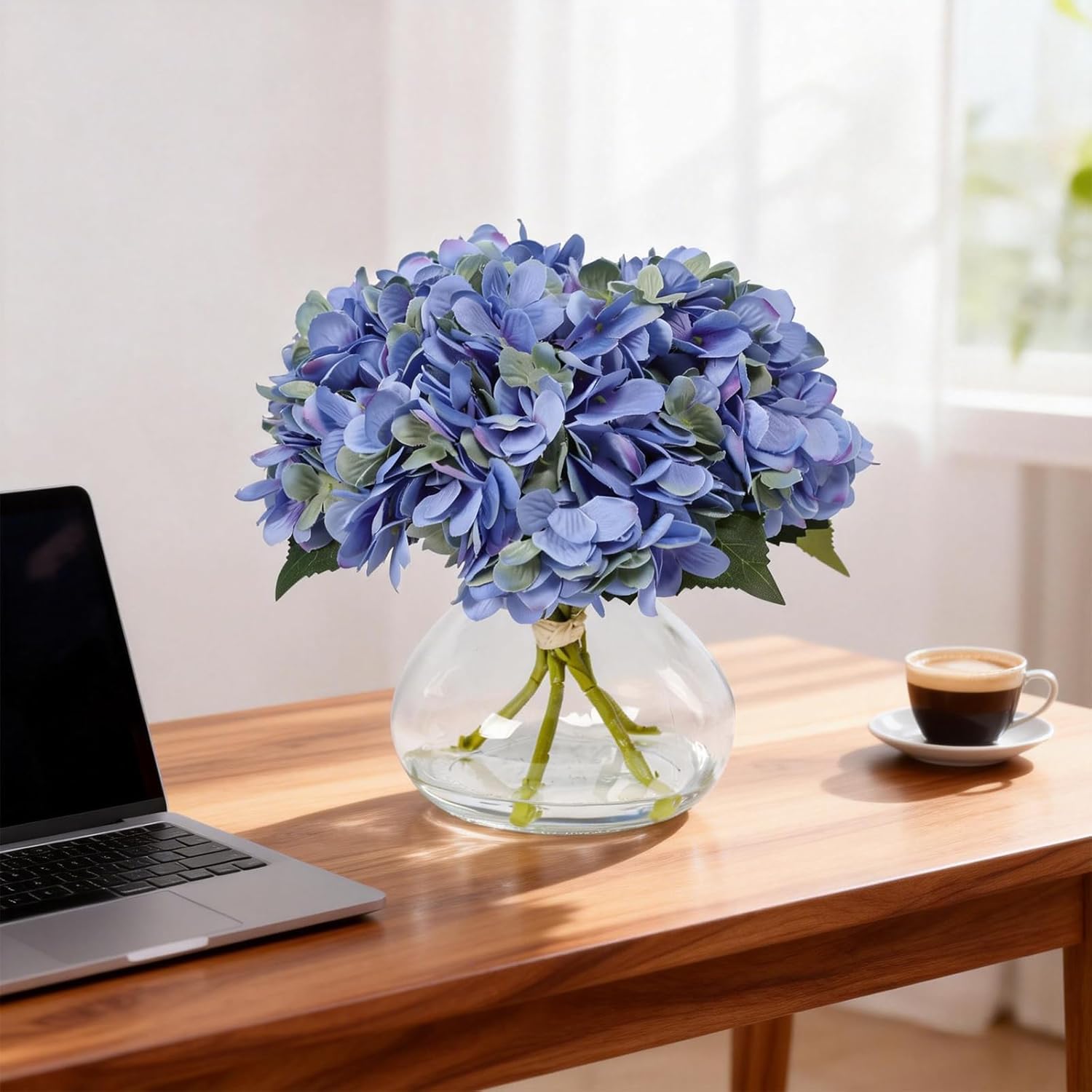 Bdor Blue Hydrangea Artificial Flower Arrangement in Clear Glass Vase, Faux Hydrangea Bouquet with Realistic Water – Table Centerpiece for Home, Living Room, Bedroom, Office Decor