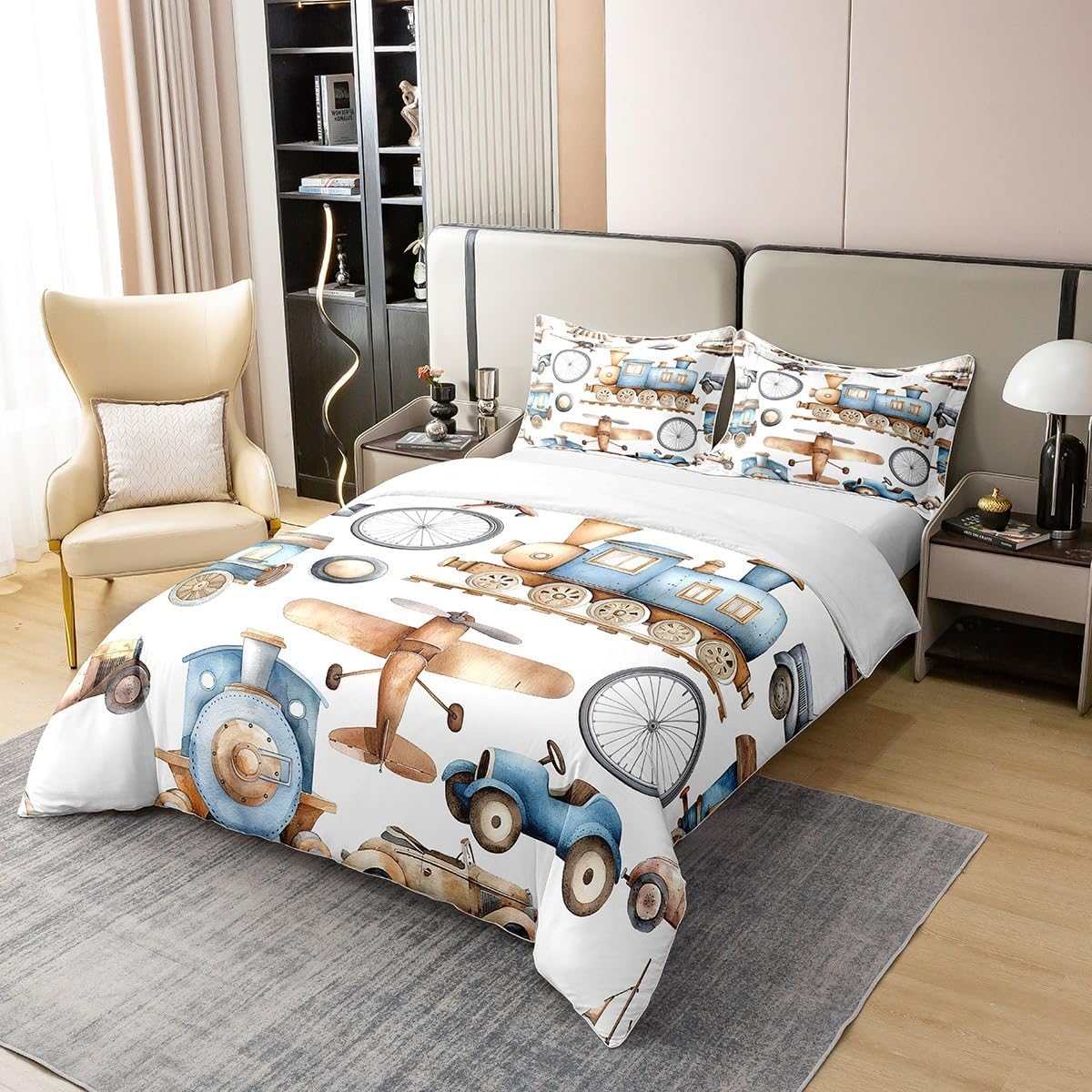 Watercolor Aircraft 100% Cotton Duvet Cover Full Size 3 Pcs Cute Cartoon Train Engine Decor Bedding Set for Kids Boys Girls Retro Cars Planes Vehicle Comforter Cover with 2 Pillowcases(No Comforter)