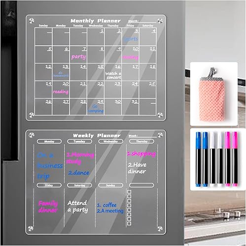 Calendario acrílico para nevera, mensual y semanal, fuerte, magnético, grueso, transparente, transparente, pizarra blanca, incluye paño de cocina y