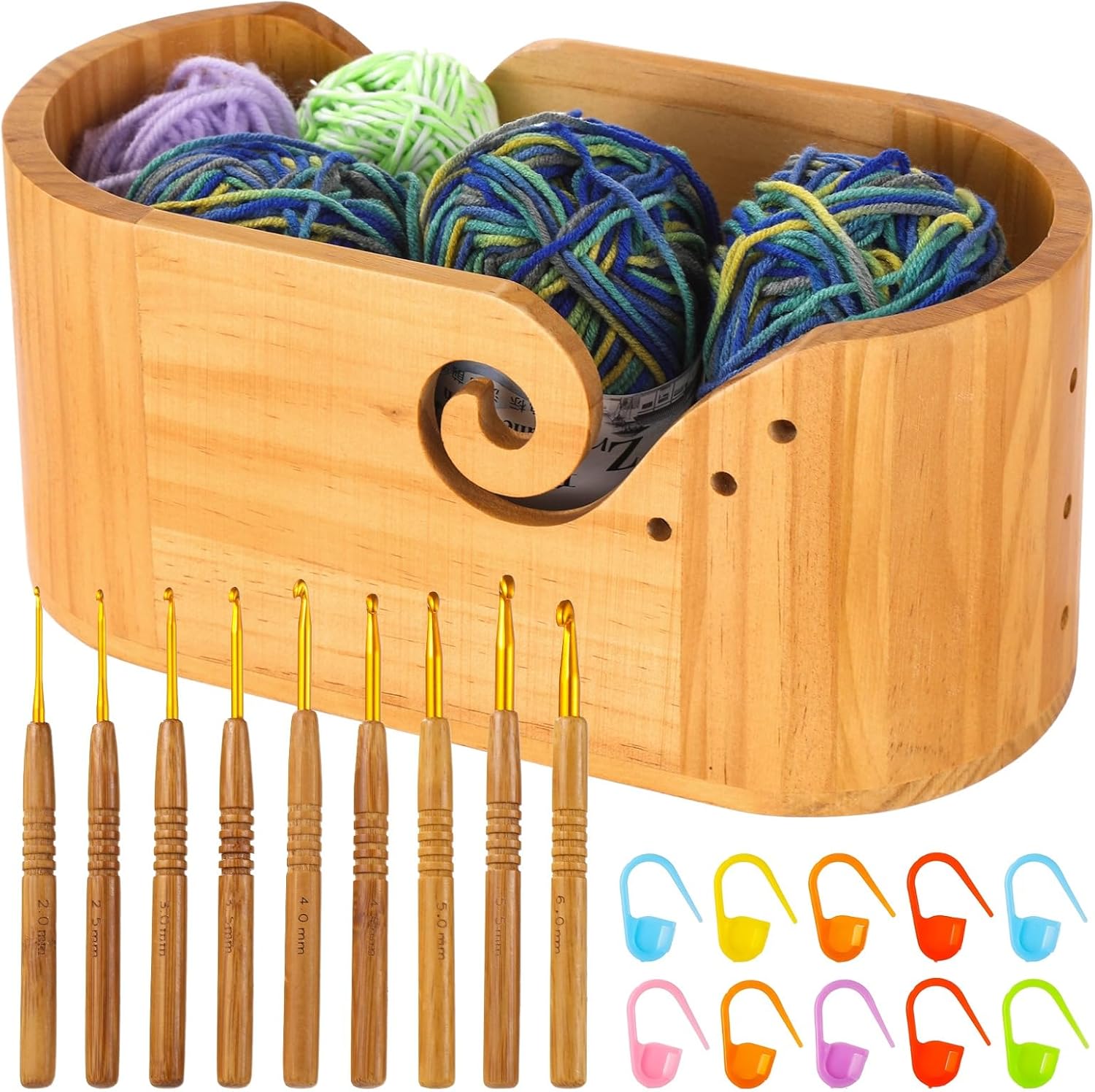 Oval Wooden Yarn Bowl, Large Yarn Bowls for Crocheting, with 9-Size Crochet Hooks, and 10 Stitch Markers, Yarn Holder for Crocheters Prevents Tangles, Portable Yarn Container (with Lid)
