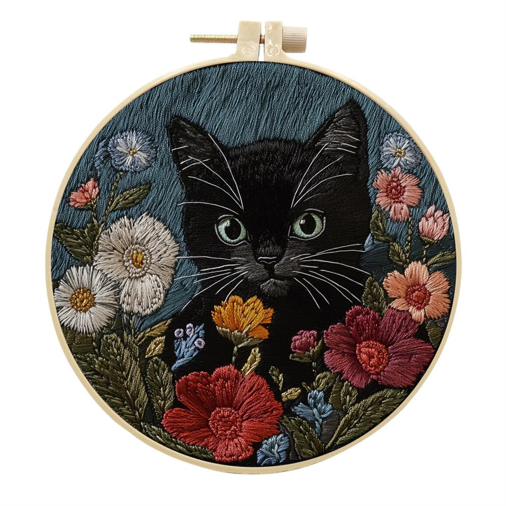 Meecaa Embroidery Kit Starter Set, Hand Embroidery Set, Black Cat Animal Flower Pattern Printed Cross Stitch Set for Beginner Adults, with Embroidery Hoop and Instructions (Black Cat)