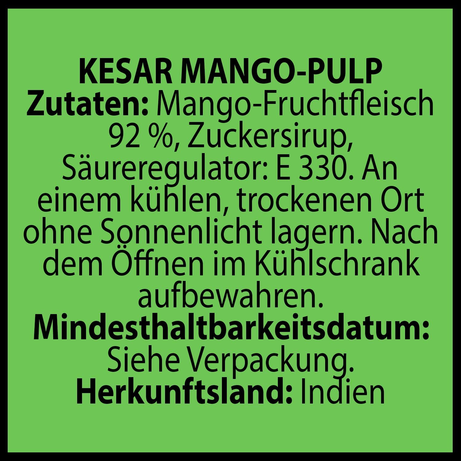 Kajal Kesar Reines Mangomark. Dieses reine Mangomark ist süß und mit der Reichhaltigkeit von Kesar angereichert. Packung mit 12 x 850 g.