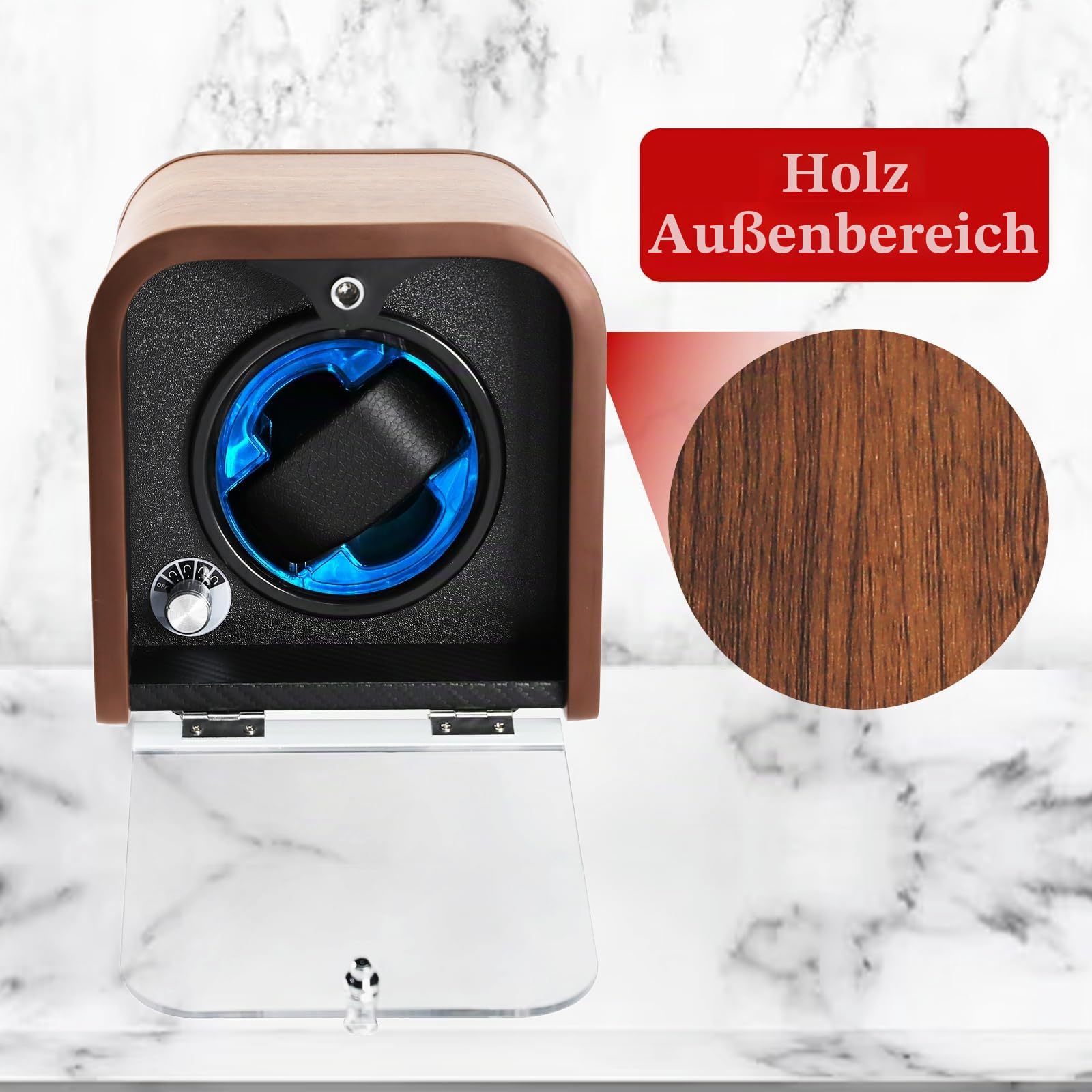 GAIN EXPRESS Automatik Uhrenbeweger, Einzel-Uhrenbeweger mit 4 Rotationsmodi Watch Winder mit Blaue LED-Beleuchtung, Schaumstoffpolster, Uhrenaufbewahrungsbox für Automatikuhren
