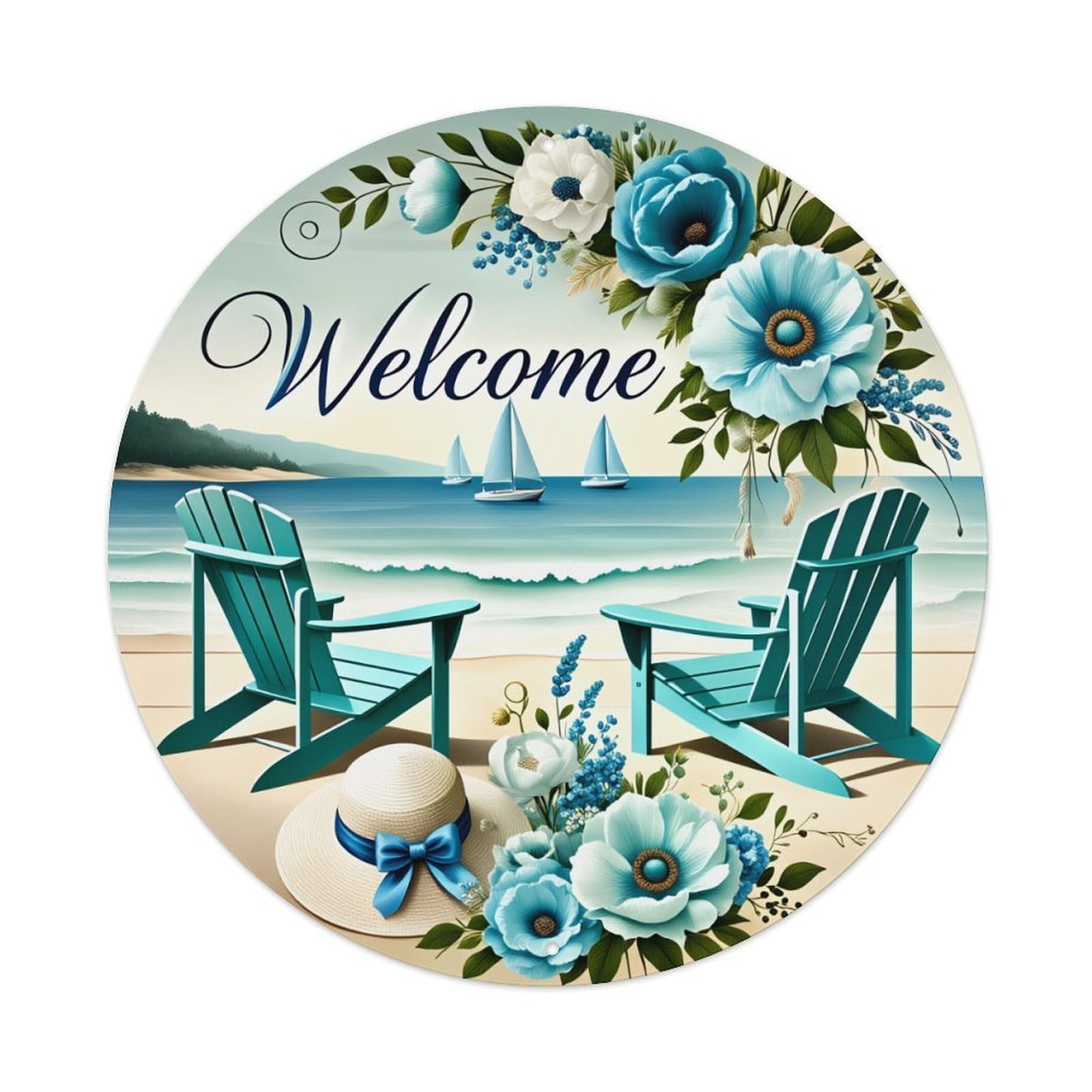 Beach Chairs Flowers Sailboats Welcome Round Tin Sign Vintage Metal Poster, Home Bar Garage Man Cave Cafe Indoor & Outdoor Wall Decoration 8x8Inches