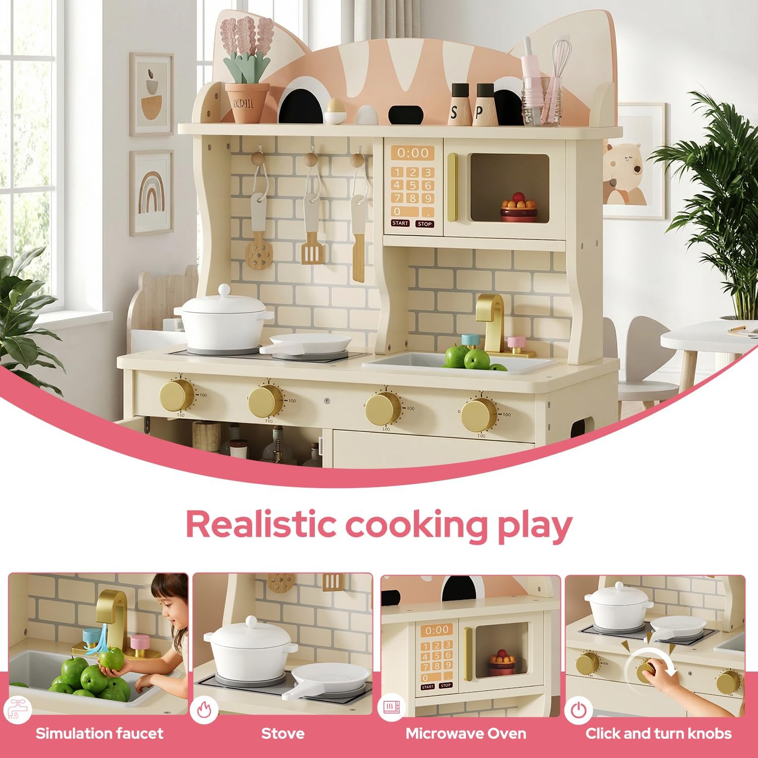 Wooden Play Kitchen for Ages 3-8 Babies, Cat Design Kitchen Playset with Microwave, Stove, Sink, Clicking Knobs, Kids Children Pretend Toy for Boys Girls, White